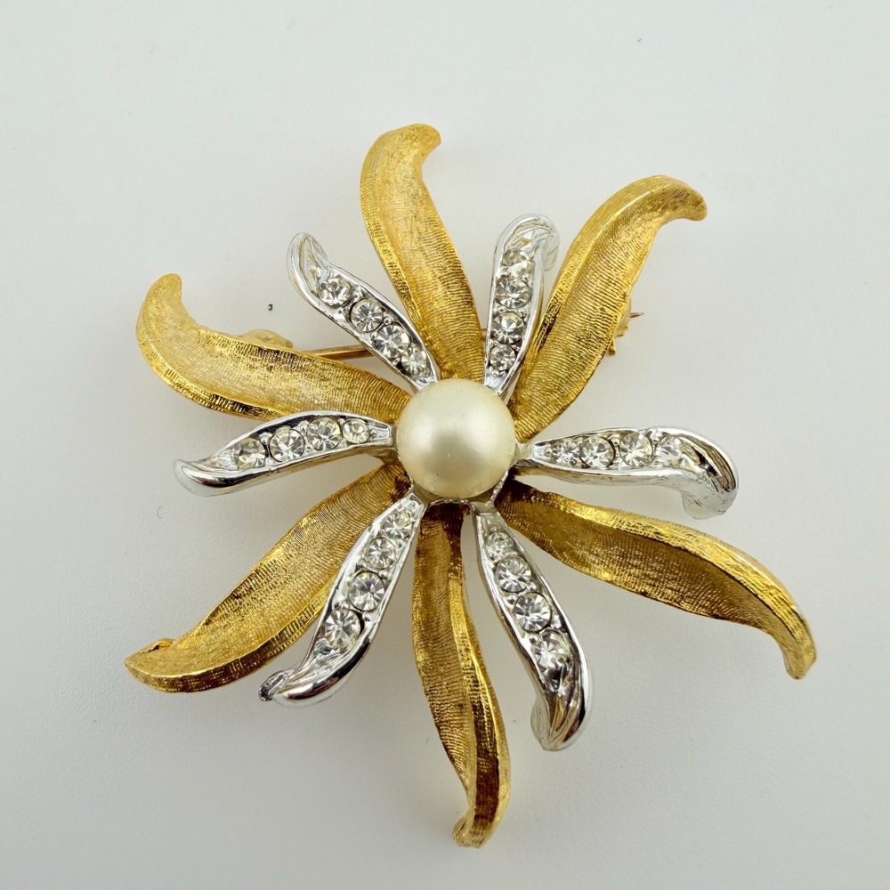 Vintage Two-Tone Floral Brooch Faux Pearl Rhinestone Gold Silver Starburst